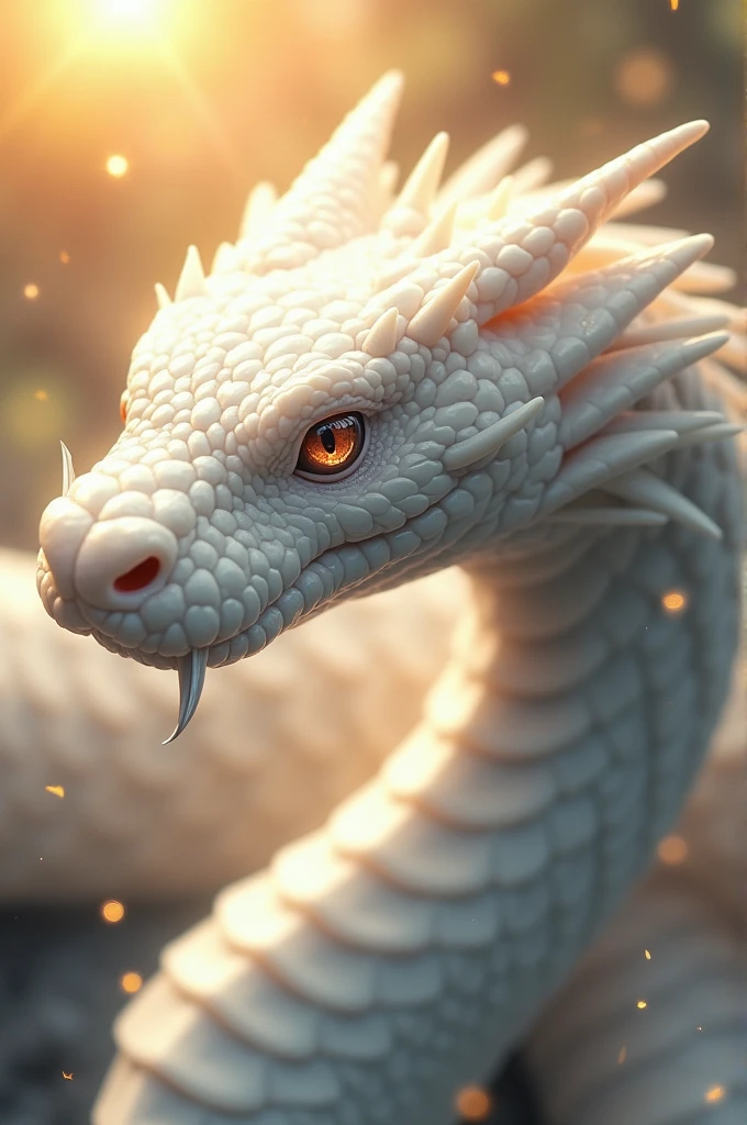 "A mystical white snake in a close-up, fantastical setting, in anime style. The white snake has shimmering pure white scales, and its eyes are cold and sharp, exuding a sense of ancient wisdom. The snake's mouth is open, revealing sharp fangs. The background features a spread of golden light, with sparkling light particles floating around. The presence of the white snake is both mystical and terrifyingly beautiful, creating an otherworldly, dreamlike atmosphere."