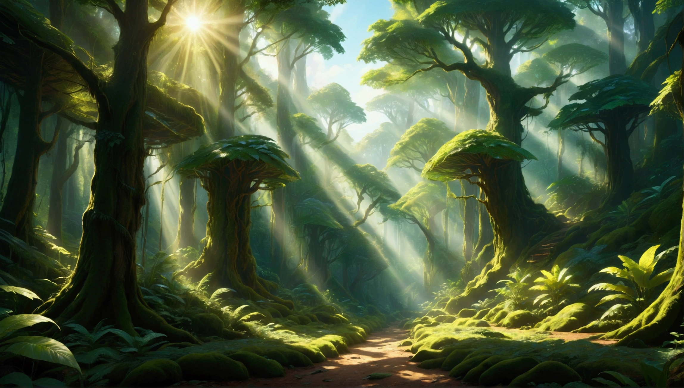 Lush, cinematic scene of the Forest Kingdom: dense, ancient forests with towering trees and vibrant greenery. Sunlight filters through the canopy, creating dappled light on the forest floor. Realistic, peaceful, and vibrant atmosphere.