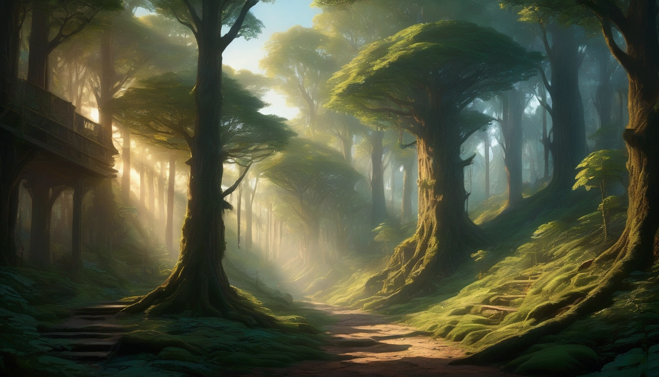 Lush, cinematic scene of the Forest Kingdom: dense, ancient forests with towering trees and vibrant greenery. Sunlight filters through the canopy, creating dappled light on the forest floor. Realistic, peaceful, and vibrant atmosphere.