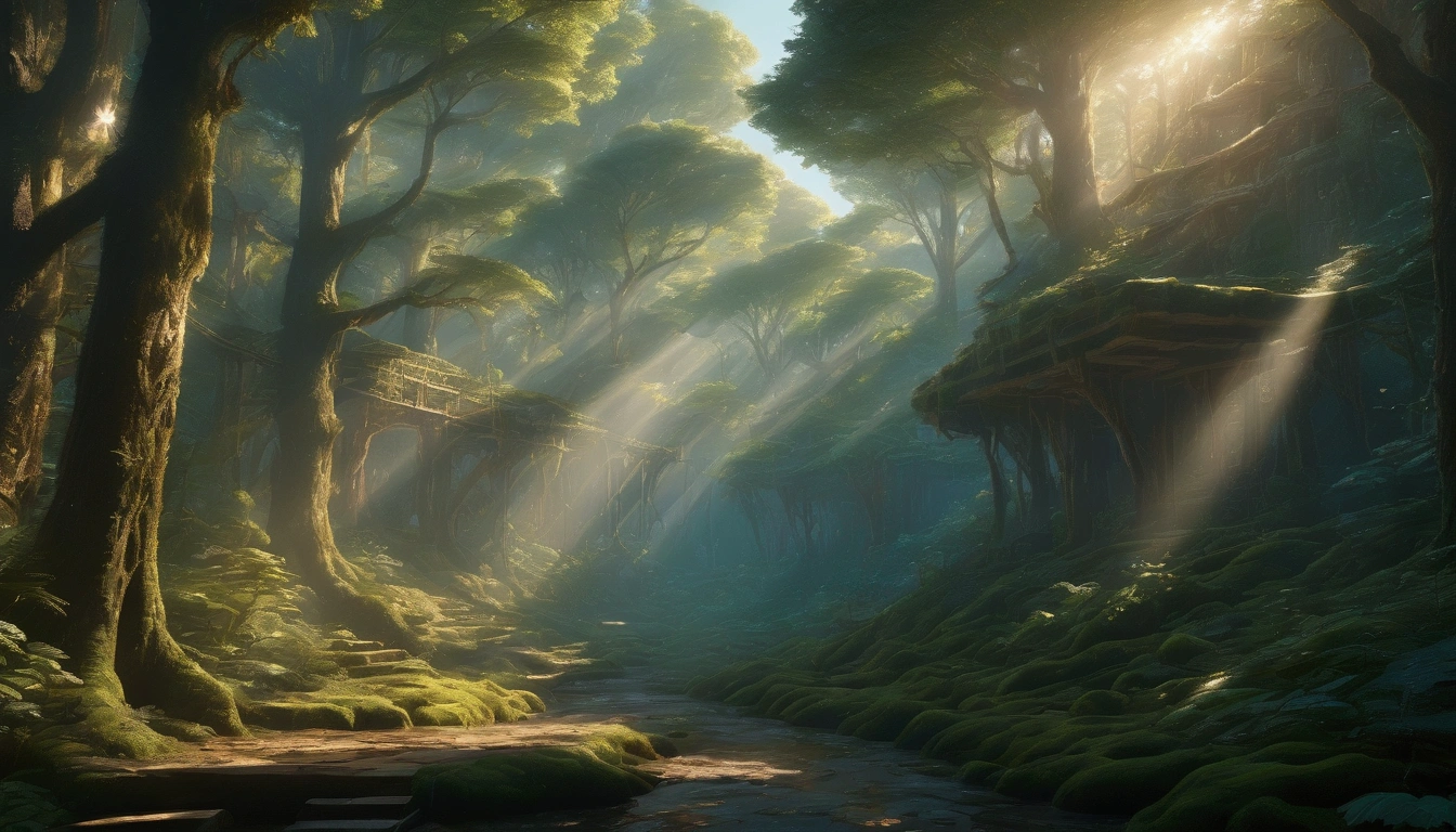 Lush, cinematic scene of the Forest Kingdom: dense, ancient forests with towering trees and vibrant greenery. Sunlight filters through the canopy, creating dappled light on the forest floor. Realistic, peaceful, and vibrant atmosphere.