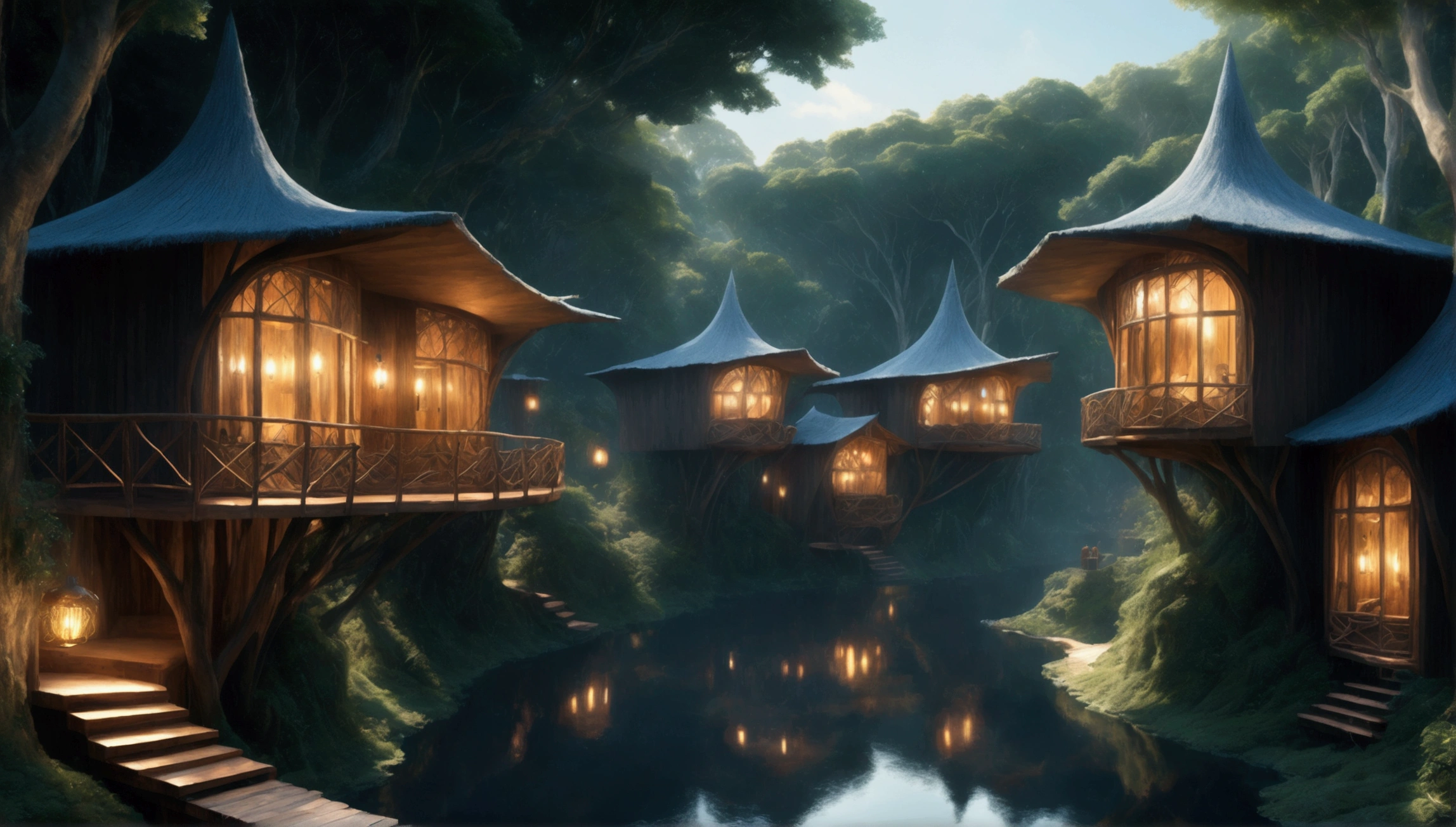 Forest Kingdom architecture: buildings seamlessly integrated into nature, built from wood, vines, and living trees. Treehouses and bridges among the canopy, adorned with glowing lanterns and natural motifs. Realistic and harmonious, with an epic, movie-like quality.