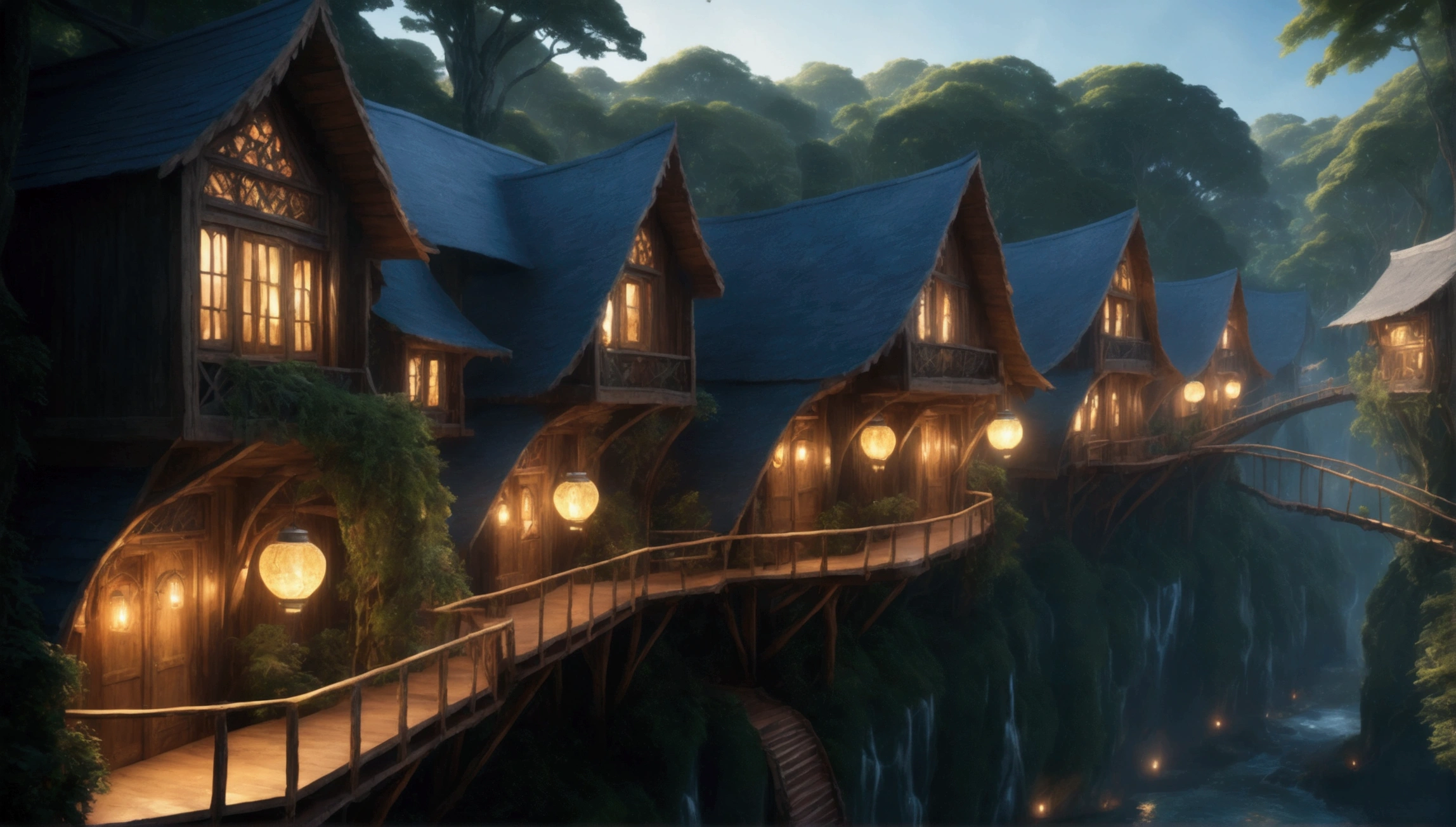 Forest Kingdom architecture: buildings seamlessly integrated into nature, built from wood, vines, and living trees. Treehouses and bridges among the canopy, adorned with glowing lanterns and natural motifs. Realistic and harmonious, with an epic, movie-like quality.
