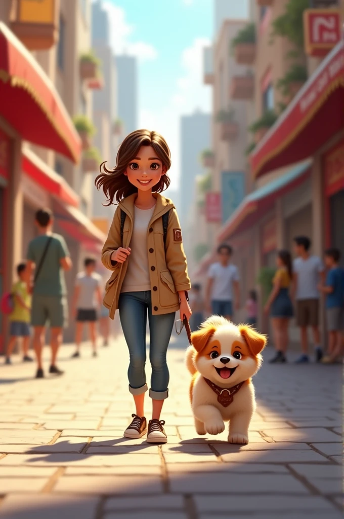 A puppy is walking with a woman on the street