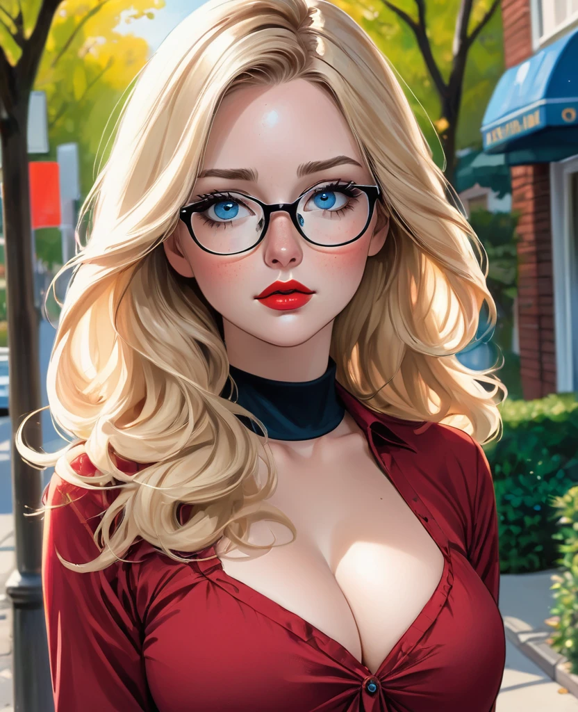 Masterpiece, best quality, high resolution,setting of a nice neighborhood street with trees,Lady around 40 years old, long straight wavy blonde hair, white skin, freckles, glasses, sharp features, blue eyes, pretty, slightly long upturned nose,red lipstick,bruise on her left cheek, an eye injured by a blow,gently sad expression, thicc voluptuous body, hourglass figure, very big breasts,red long-sleeved blouse, high neckline,Looking ahead,Pov closeup, very close, only face and chest visible,