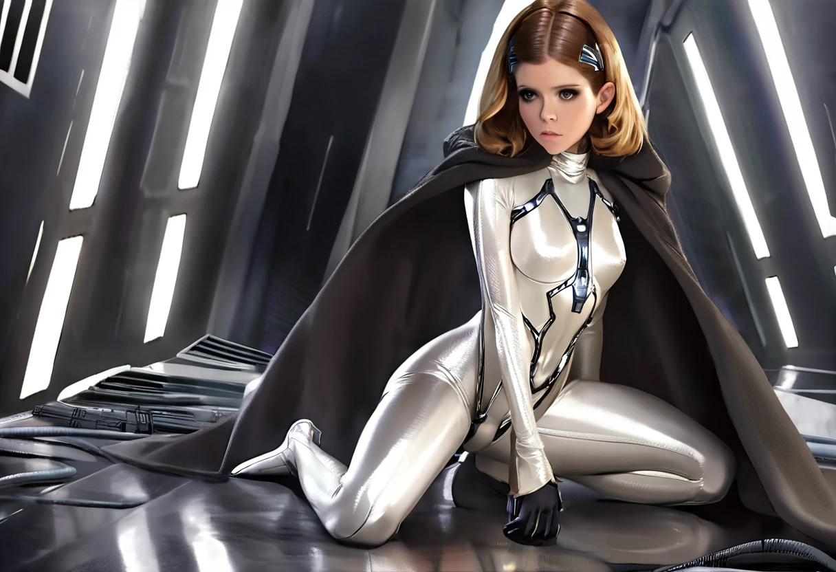 Kate Mara (age 25) in the role of Princess Leia (white metallic skinsuit and cloak) is a high tech and very dangerous torture chamber pleading with Darth Vader for mercy