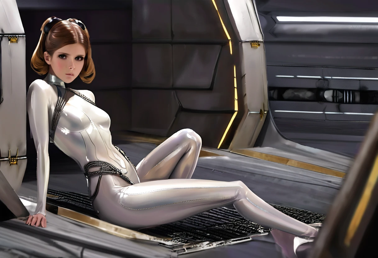 Kate Mara (age 25) in the role of Princess Leia (white metallic skinsuit and cloak) is a high tech and very dangerous torture chamber pleading with Darth Vader for mercy