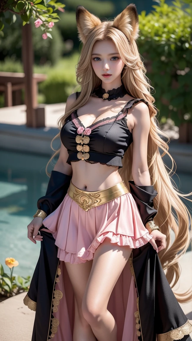 An anime manga fox hybrid girl, Latina brown dark tanned skin, long GOLDEN BLONDE, DARK-BLONDE wavy hair, PINK eyes, pink irises, black lacy pirate girl outfit with fox accents, black lace top and black short flowy skirt, thin breezy fabrics, distinctive golden fox ears and golden fox tail, South American fantasy. Full body pose