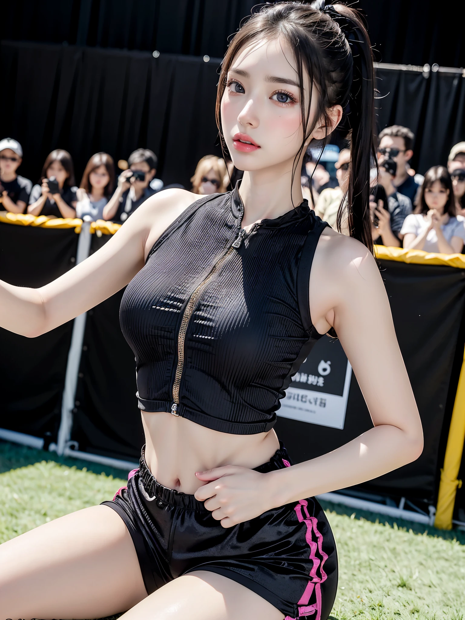 (UHigh resolution, retina, masterpiece, Accurate, Anatomically correct, Textured skin, Super Detail, Attention to detail, high quality, 最high quality, High resolution, 1080P, High resolution, 4K, 8k, 16K), (美しいAttention to detail目, Beautiful lip detail, Highly detailed eyes and face), Soft lighting, Physically Based Rendering, Vibrant colors, (A fit and energetic woman in a tight sports tops and shorts), (Glowing Skin, blush), (Wide angle), Eye Reflexes, (Staring at the audience),(Thighs,whole body,艶やかなThighs)