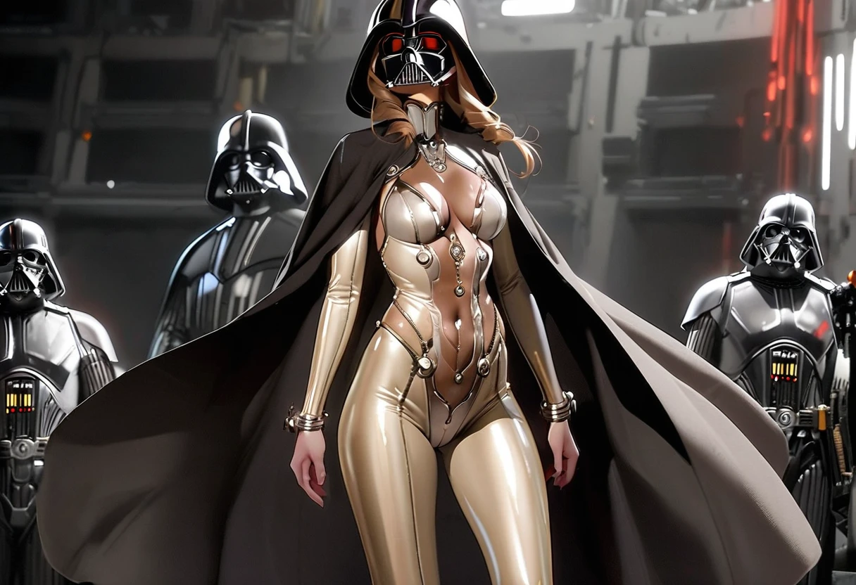 Kate Mara (age 25) in the role of Princess Leia (white metallic skinsuit and cloak) is a high tech and very dangerous torture chamber pleading with Darth Vader for mercy