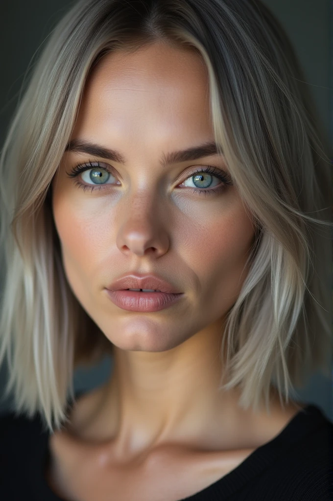 RAW photo, best quality, masterpiece, photorealistic, 18 years old, Natalie Portman, solo, detail face, detail eyes, detailed skin, light gray eyes, light gray hair, short straight bob cut, Symmetrical eyes, medium breast, like a model, looking at viewer,