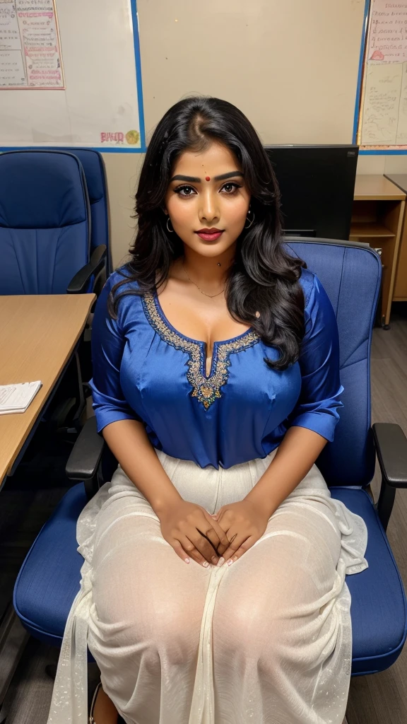 Day scene, full body photo of a plus sized 23 year old indian with a man from top view, (Masterpiece, Best Quality, High Resolution), class room Background, (cum Splash on her blouse and face, cum Splash on her face, Splash of cum, cum Splash on her gown, cum Splash on her eys), Sweet 35 year old South indian teacher sitting on a class room chair with a man, hour glass body red lips, blue colour silky hijab, lightly makeup,ultra realistic, realistic, look at viewer (cinematic:1.3), intricate details,