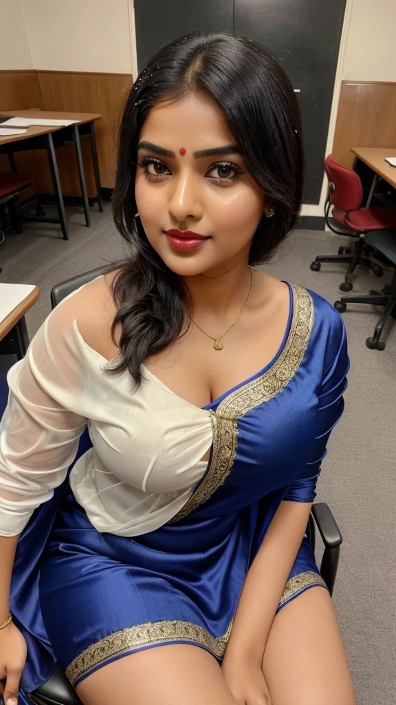 Day scene, full body photo of a plus sized 23 year old indian with a man from top view, (Masterpiece, Best Quality, High Resolution), class room Background, (cum Splash on her blouse and face, cum Splash on her face, Splash of cum, cum Splash on her gown, cum Splash on her eys), Sweet 35 year old South indian teacher sitting on a class room chair with a man, hour glass body red lips, blue colour silky hijab, lightly makeup,ultra realistic, realistic, look at viewer (cinematic:1.3), intricate details,