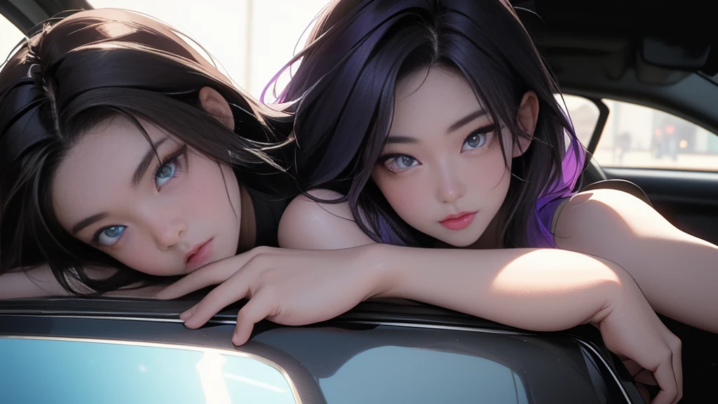 A woman on the left side of the composition, {{carの前で座る女}}、nightの埠頭, {{{nightのネオン}}}, super detailed skin, masterpiece:1.4, 8K resolution, ultra HD, symmetric eyes, Brown Hair、car、Beautiful Asian girl with purple hair, Perfect Face, sunglasses, Sleeveless, Neon Black, (Backlight: 1.1), Hard Shadows, masterpiece, Highest quality, Complex, Model shooting style, Vintage, Film Grain, {{night}}, 超精巧なcar, (better hands):1.7, emo, flat breast,