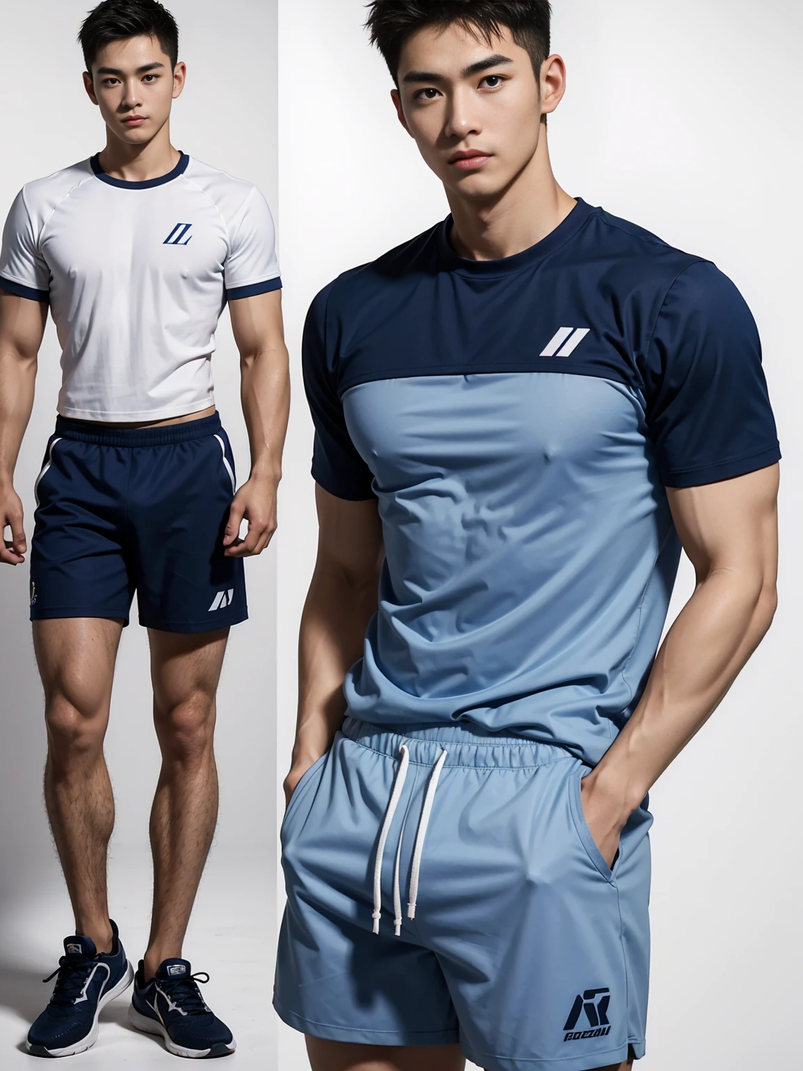 2Handsome  naked Japanese guy ，Sexy pose, A 20 year-old man wearing a Naked chest shirt and Excellent shorts stands against a white background, navy blue, navy blue, Sports T-shirts, blue, Excellent Sportswear, Gorgeous sexy clothes, Sportswear, Short sleeve, Jinjinshen blue clothes, 2个Handsome年轻人, Tennis Clothes, 穿着Sportswear, dark blue decorative clothing，male，Naked chest, Handsome，High target，Muscles look good，Hairy body，Sexy expressions, Wheat skin color，black eyes（Fine eye 1：3），Full body portrait, Excellent, Perfect shape, ,Detailed you, , Mostly juicy ass, Sexy pose，Standing