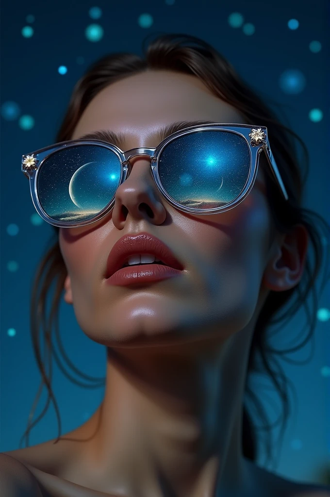Model wearing glass sunglasses,There are stars and moon on the glass