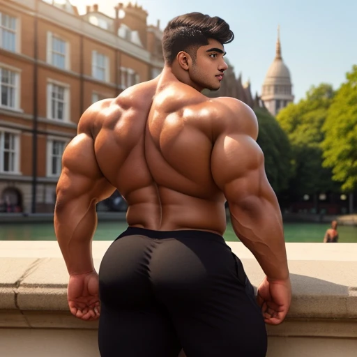 4 meter tall slightly overweight indian men. 20 years old. Childish Young hairless fresh face. In london with friend. Very sexy Posing for camera. Muscular. Wearing a henley and a tight black sweat pants. Big ass. Smooth body and face. Belly seen. Long long legs. View from the back. Sunlight.
