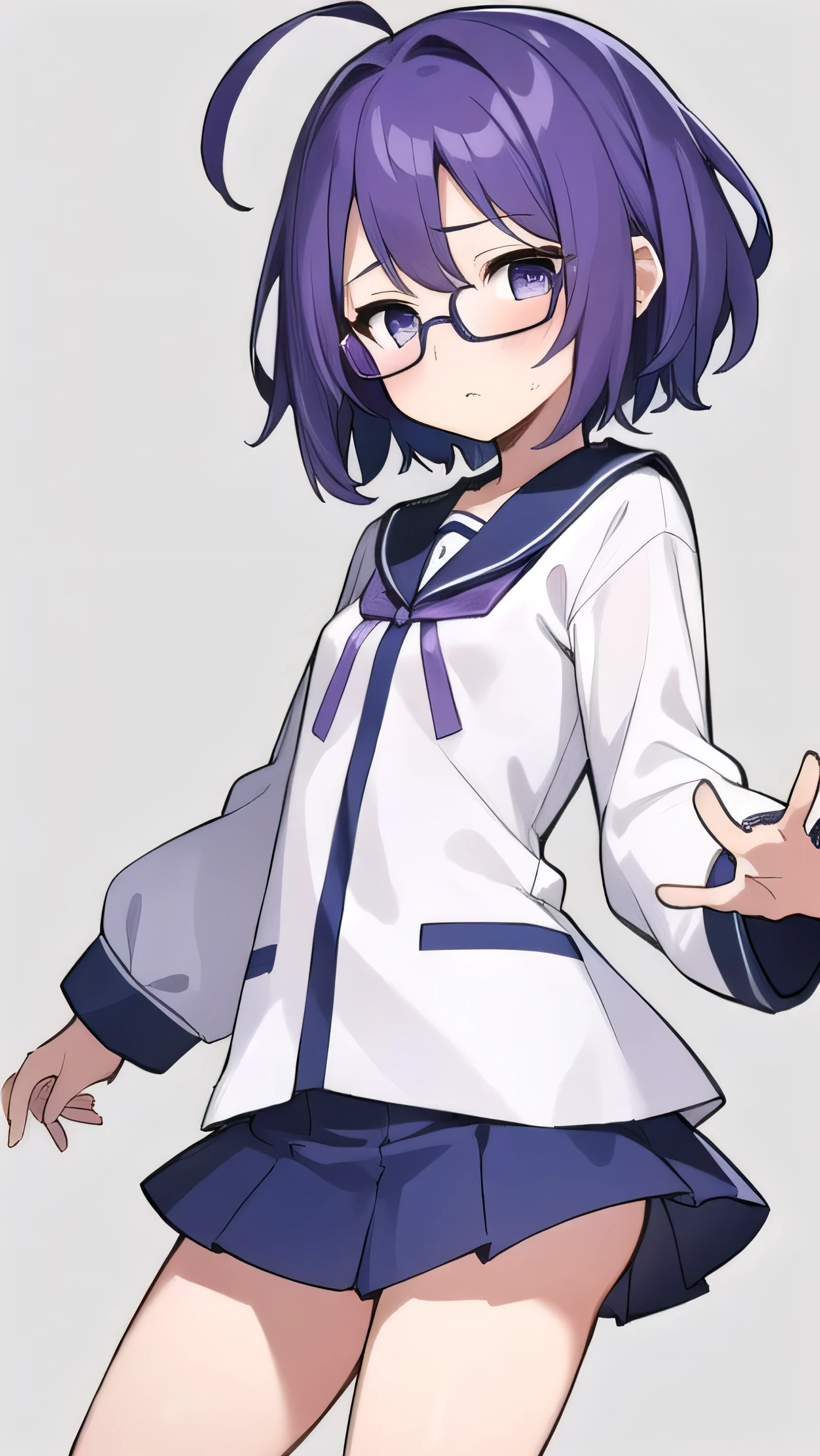 (Purple hair:1.4), gray eyes, white , navy blue miniskirt, 11 years old, short, short long hair, kind expression, shy, , almost no breasts, slightly exposed. hair,(flipped hair ), flipped hair, long sleeves, ahoge, girl alone, flipped hair, flipped hair, flipped hair, flipped hair, glasses with no edges, embarrassed, flat chest, beautiful eyes