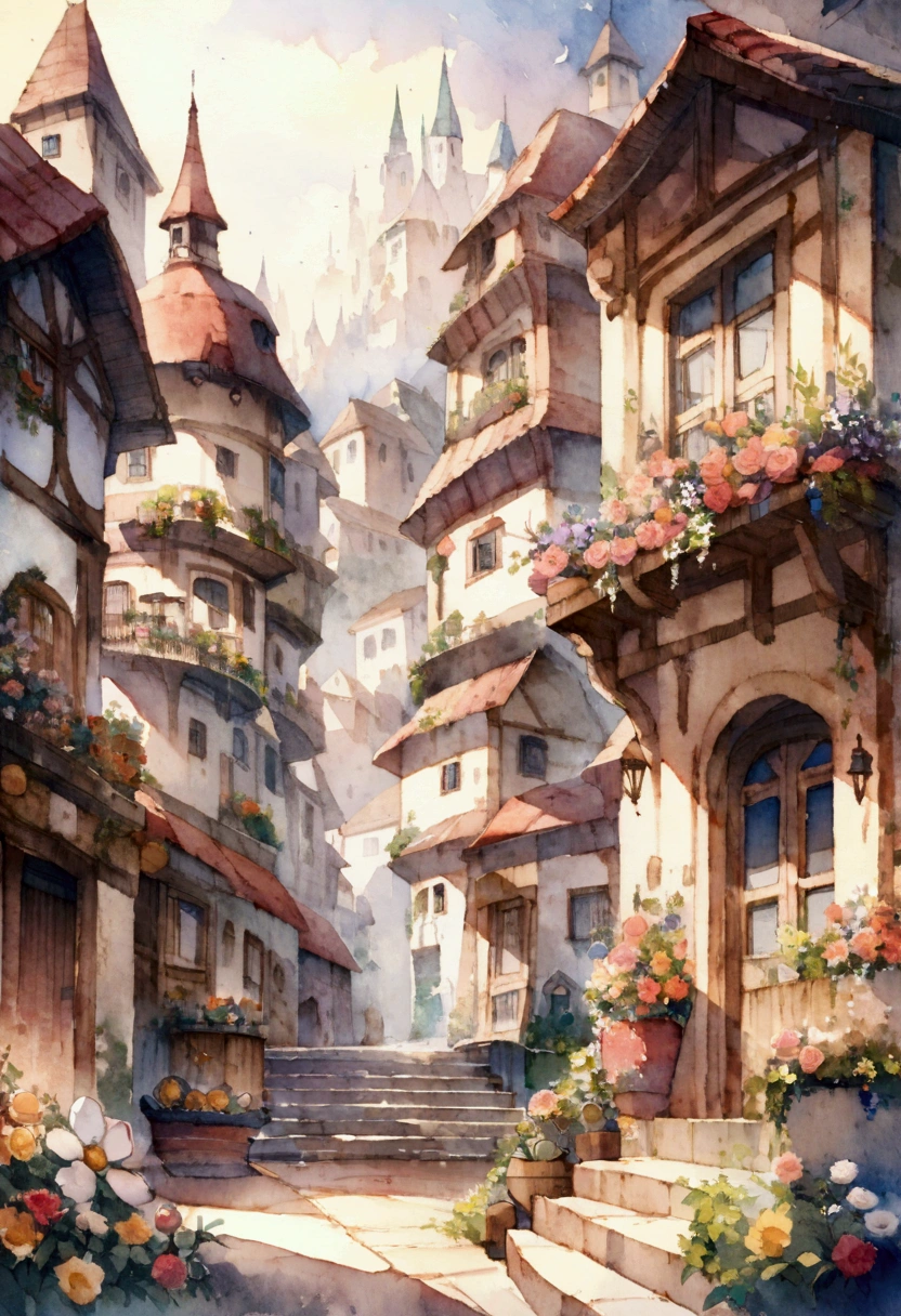 A town where the buildings are shaped like candy. Lots of flowers. Fantasy. Watercolor painting.