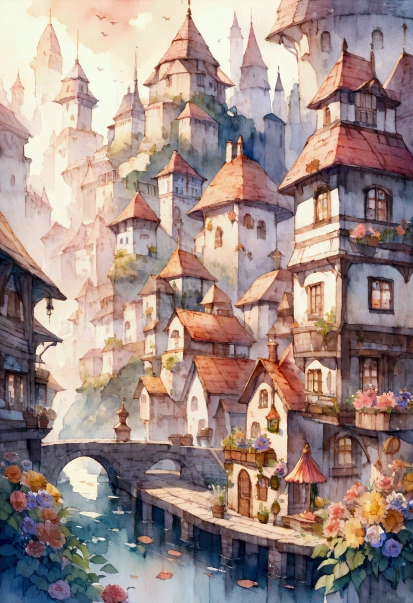 A town where the buildings are shaped like candy. Lots of flowers. Fantasy. Watercolor painting.