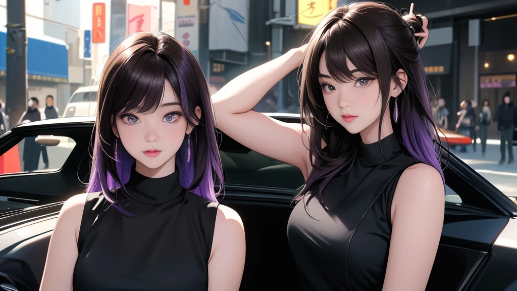 A woman on the left side of the composition, {{carの前で座る女}}、nightの埠頭, {{{nightのネオン}}}, super detailed skin, masterpiece:1.4, 8K resolution, ultra HD, symmetric eyes, Brown Hair、car、Beautiful Asian girl with purple hair, Perfect Face, sunglasses, Sleeveless, Neon Black, (Backlight: 1.1), Hard Shadows, masterpiece, Highest quality, Complex, Model shooting style, Vintage, Film Grain, {{night}}, 超精巧なcar, (better hands):1.7, emo, flat breast,