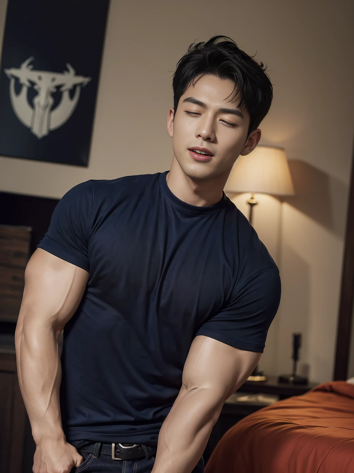 (Create a masterpiece: 1.2),(CGI art:1.3),(realistic:1.5),(After processing:1.3), (Sharp focus:1.3), 1 man, open mouth, smile, (Navy blue round neck t-shirt:1.3), Navy cargo pants, Korean guy , korean men, (High gloss details), chest muscles, large arm muscles, blood vessel, Big muscles, Broad shoulders, looking at the audience, Balancing the eyes, bedroom, Close your eyes.,(open mouth:1.1)