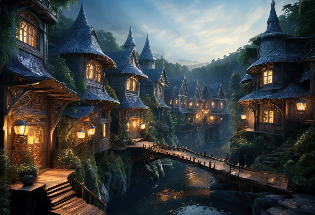 Forest Kingdom architecture: buildings seamlessly integrated into nature, built from wood, vines, and living trees. Treehouses and bridges among the canopy, adorned with glowing lanterns and natural motifs. Realistic and harmonious, with an epic, movie-like quality.