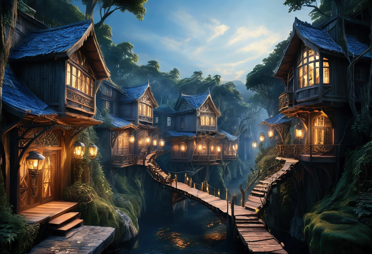 Forest Kingdom architecture: buildings seamlessly integrated into nature, built from wood, vines, and living trees. Treehouses and bridges among the canopy, adorned with glowing lanterns and natural motifs. Realistic and harmonious, with an epic, movie-like quality.