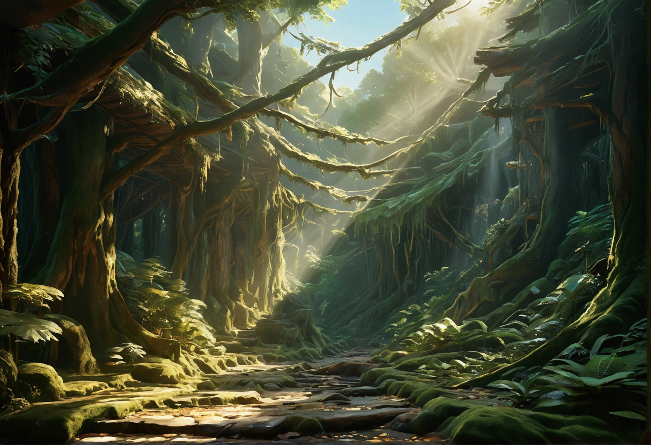 Lush, cinematic scene of the Forest Kingdom: dense, ancient forests with towering trees and vibrant greenery. Sunlight filters through the canopy, creating dappled light on the forest floor. Realistic, peaceful, and vibrant atmosphere.