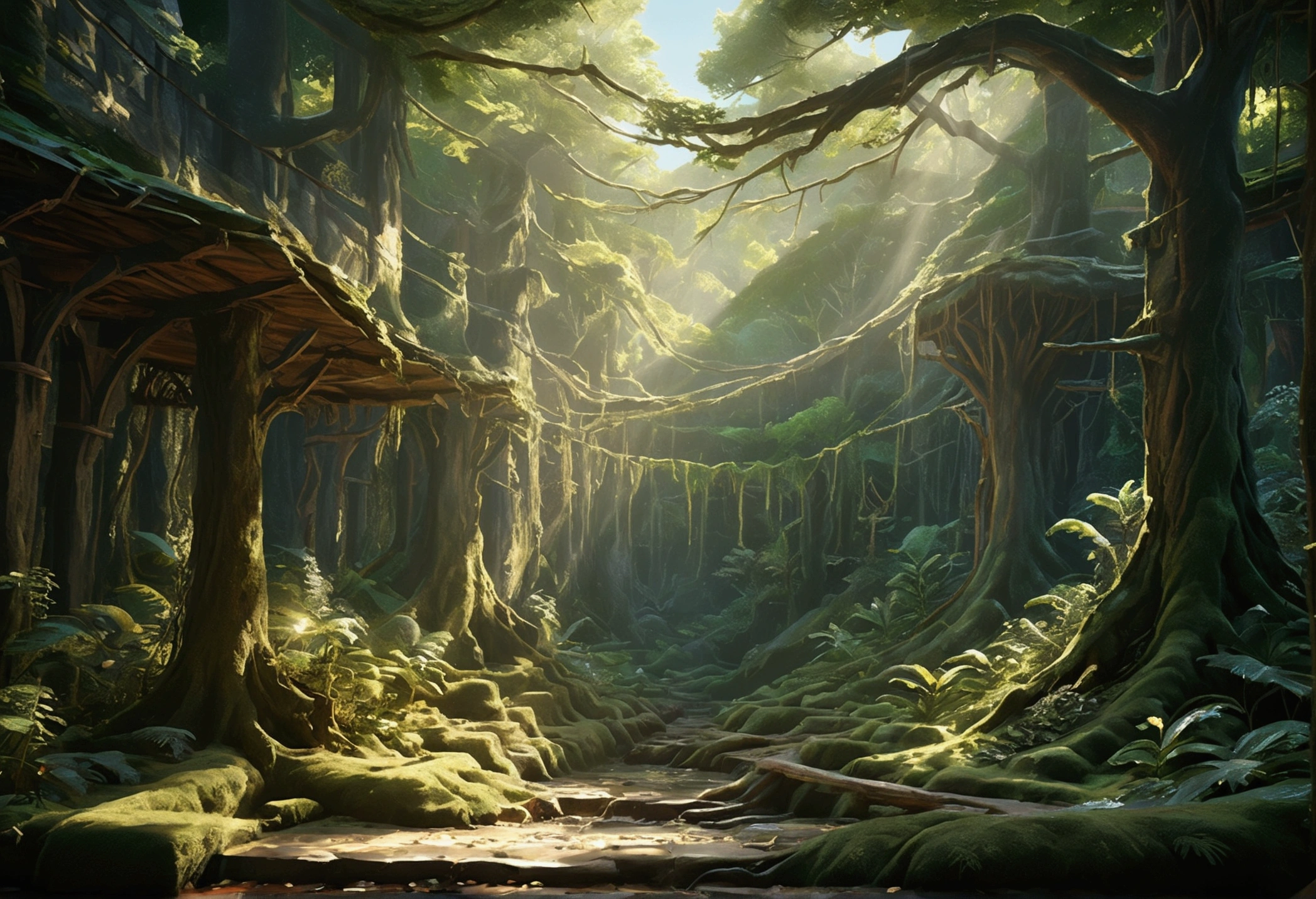 Lush, cinematic scene of the Forest Kingdom: dense, ancient forests with towering trees and vibrant greenery. Sunlight filters through the canopy, creating dappled light on the forest floor. Realistic, peaceful, and vibrant atmosphere.