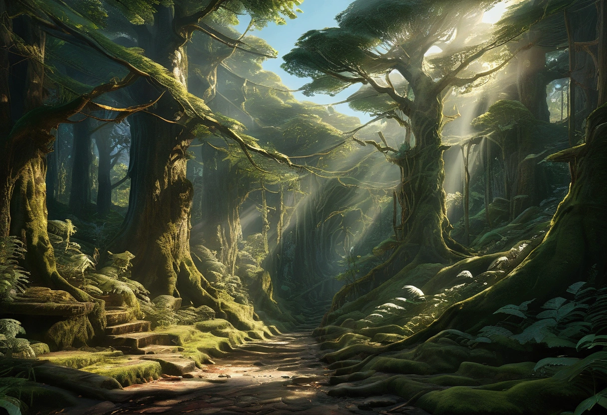 Lush, cinematic scene of the Forest Kingdom: dense, ancient forests with towering trees and vibrant greenery. Sunlight filters through the canopy, creating dappled light on the forest floor. Realistic, peaceful, and vibrant atmosphere.
