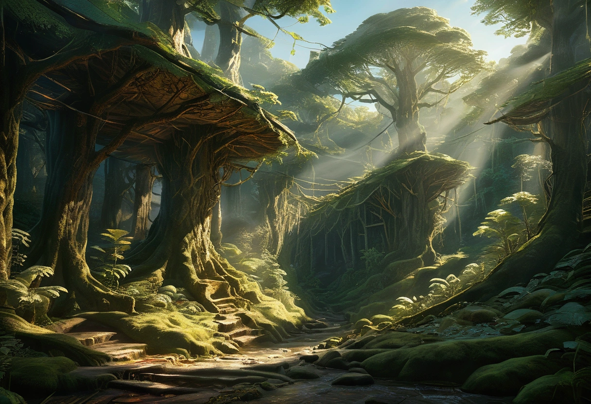 Lush, cinematic scene of the Forest Kingdom: dense, ancient forests with towering trees and vibrant greenery. Sunlight filters through the canopy, creating dappled light on the forest floor. Realistic, peaceful, and vibrant atmosphere.
