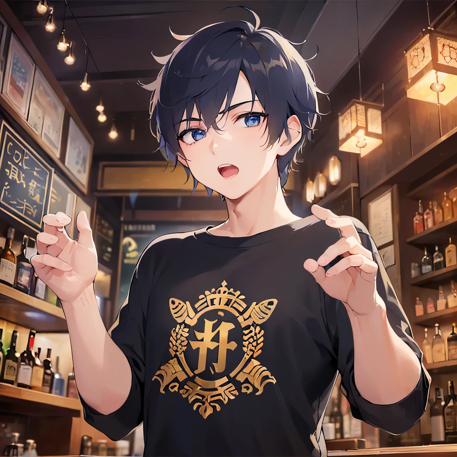 upper body,hands up,
shiny skin, masterpiece、Highest quality、
(25-year-old male:1.5) and (Black short hair) and (blue eyes),
Black long sleeve T-shirt、
confused、open mouth,The background is the interior of a bar at night.、(alone:1.5)