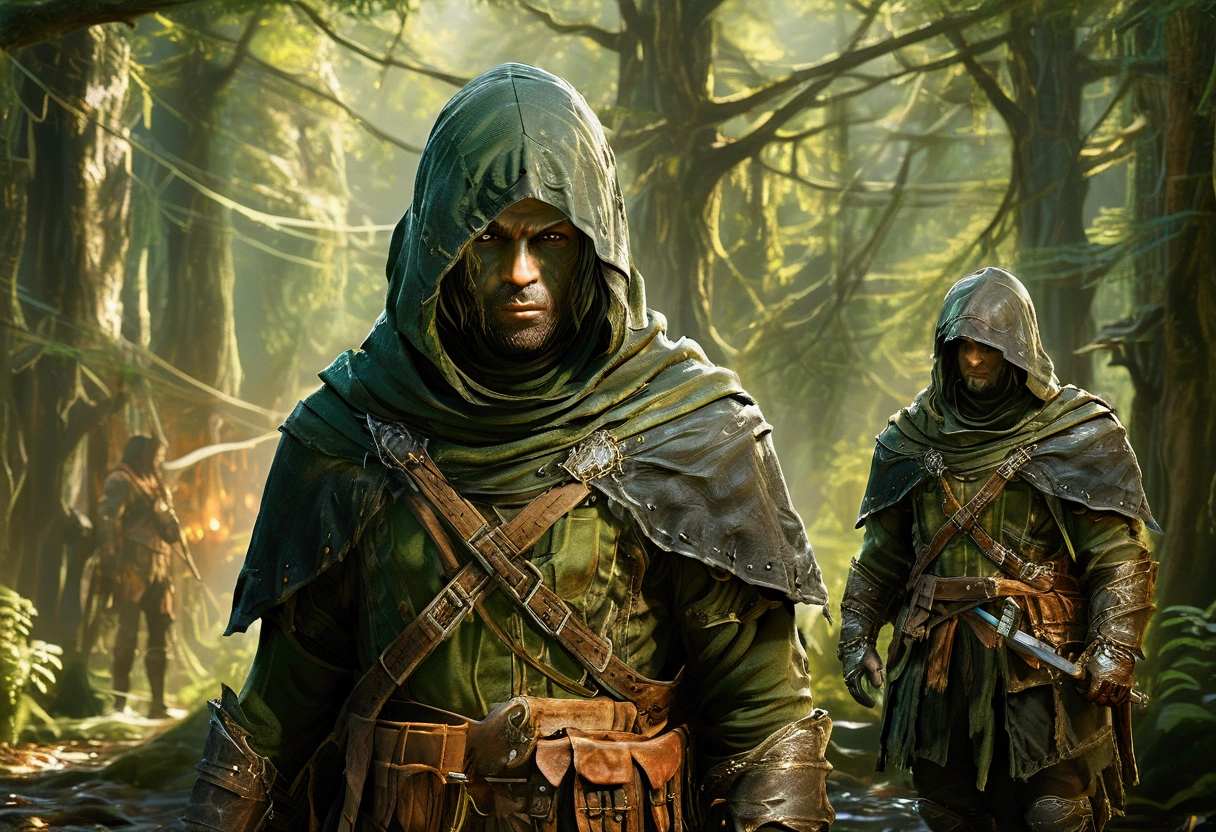 Forest Kingdom deployment: agile guards in green and brown armor, camouflaged within the forest. Forest creatures like elves and centaurs, armed with bows and spears, patrolling the area. Realistic, harmonious, and ready, with an epic, cinematic feel.