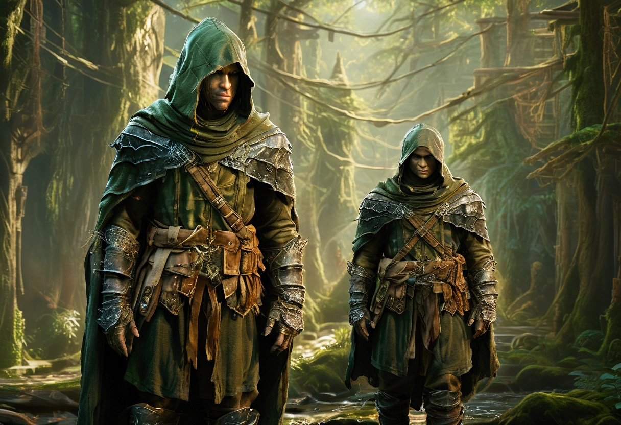 Forest Kingdom deployment: agile guards in green and brown armor, camouflaged within the forest. Forest creatures like elves and centaurs, armed with bows and spears, patrolling the area. Realistic, harmonious, and ready, with an epic, cinematic feel.