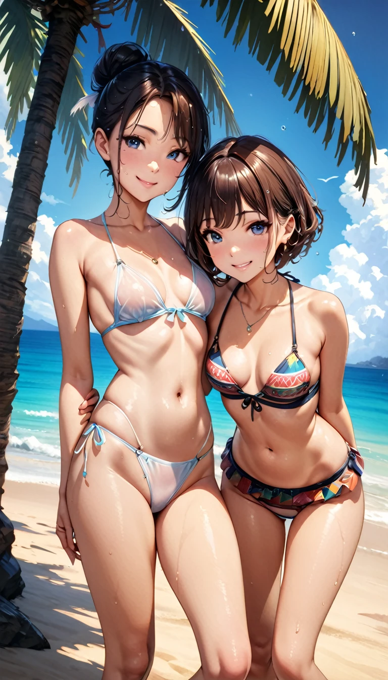 ((Highest quality, masterpiece, High resolution))、Beautiful Japanese Women、((Anime Art))、 ((2 women))、18-year-old、(We are both good friends)、(They touch cheeks)、 (Detailed depiction of a beautiful face)、Smiling Kindly、Realistic Face、 Small breasts、Slim figure、Medium Short Hair、semi-long、Hair Bun、Wet see-through bikini、Bikini Swimwear、One piece swimsuit、The waist is wrapped in fabric with bold ethnic patterns and plenty of primary colors..。.、Realistic Skin、Wet、whole body、(Beautiful tropical beach landscape photography)、Cinematic Light、tropical、(Flowers on the Beach)、Against the background of palm trees、On the sunny beach、With the sea in the background、Squall、rainbow、Blur the background