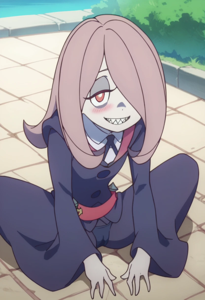 score_8_up, score_7_up, anime screencap, perfection,  1 girl, Sucy Manbavaran, solo, upper body , face only, two eyes, lies on floor, in girl bedroom, witch academy uniform, long skirt, sharp teeth ,flat chest, outdoors, witch academy, from above, blushing, shy, seductive smile, aroused, spread legs, thong, cameltoe, skinny body,