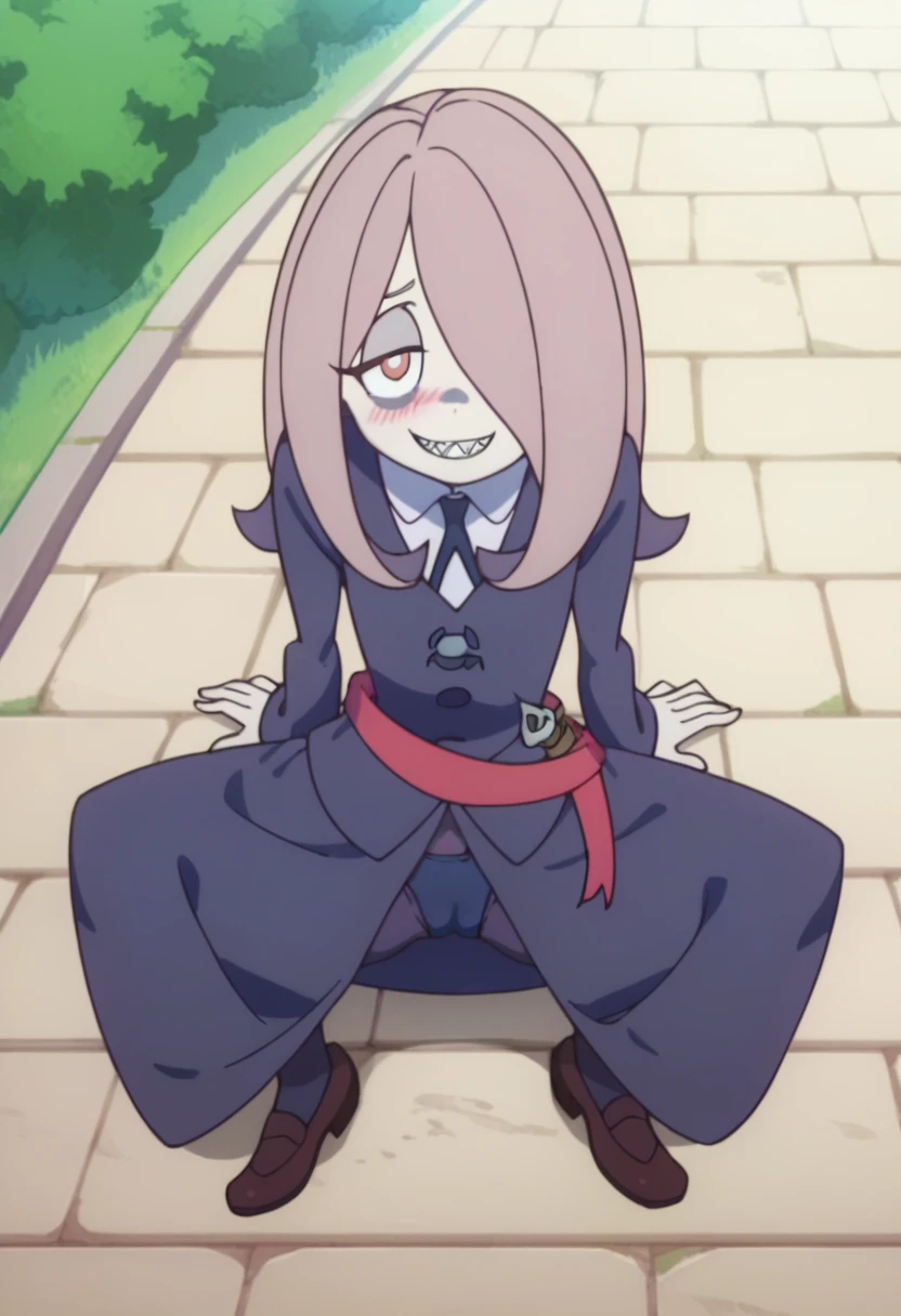 score_8_up, score_7_up, anime screencap, perfection,  1 girl, Sucy Manbavaran, solo, upper body , face only, two eyes, lies on floor, in girl bedroom, witch academy uniform, long skirt, sharp teeth ,flat chest, outdoors, witch academy, from above, blushing, shy, seductive smile, aroused, spread legs, thong, cameltoe, skinny body,