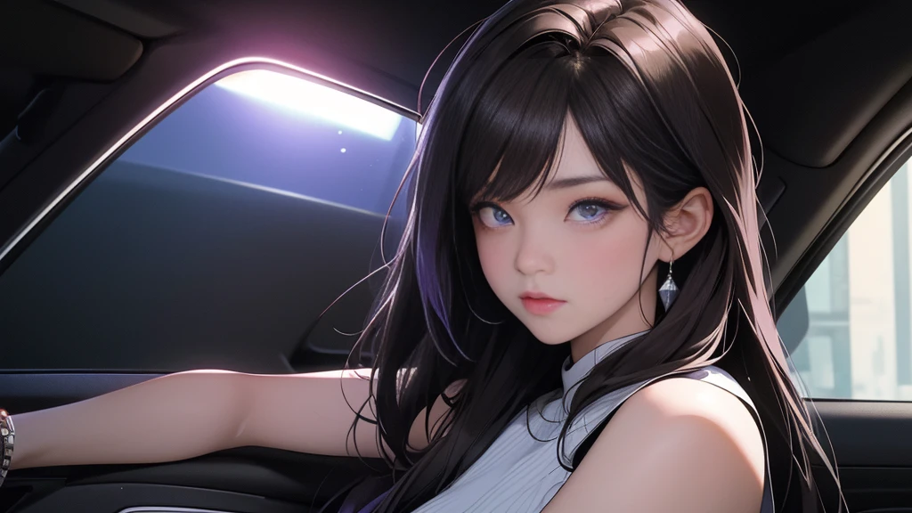 A woman on the left side of the composition, {{carの前で座る女}}、nightの埠頭, {{{nightのネオン}}}, super detailed skin, masterpiece:1.4, 8K resolution, ultra HD, symmetric eyes, Brown Hair、car、Beautiful Asian girl with purple hair, Perfect Face, sunglasses, Sleeveless, Neon Black, (Backlight: 1.1), Hard Shadows, masterpiece, Highest quality, Complex, Model shooting style, Vintage, Film Grain, {{night}},　超精巧なcar,　(better hands):1.7, emo, flat breast, 1woman,