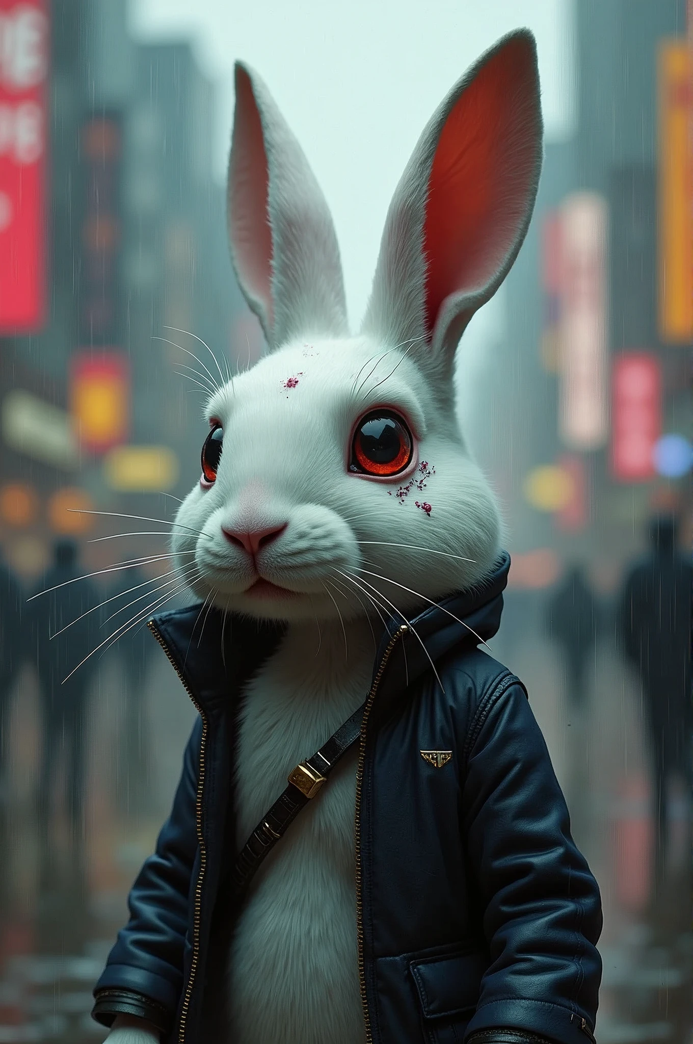 An adult white rabbit stands in a cyberpunk city, in the rain. He's wearing a cyberpunk style jacket. The rabbit has an augmentation on his right eye and a lot of scars. Kierpunk implants are visible on the rabbit. A masterpiece, maximum detail, cinematography.