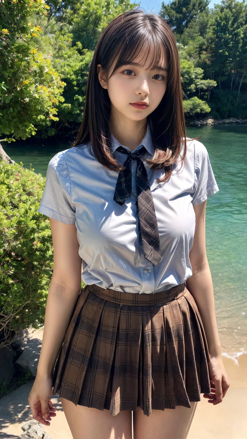 (absurdres:1.3), (highres:1.3), (ultra detailed:1.3),(1girl:1.3), (extremely detailed CG unity 8k wallpaper:1.3), (detailed skin texture, detailed cloth texture, detailed hair texture), (beautiful detailed face, supermodel, pale skin, realistic glistening skin), (RAW photo, best quality), (realistic, photo-realistic:1.4), masterpiece, extremely delicate and beautiful,Amazing, finely detail, extremely detailed CG unity 8k wallpaper, huge filesize, ultra-detailed, highres, absurdres, soft light,rim light, vibrant details, hotel room, straight hair, large breasts, black hair color, Big Natural Color Lip, (perfect body shape), beautiful legs, 20 years old, Beauty、Well-formed face、Make your eyes even、Large sagging eyes、Beautiful black hair、Has bangedium build、Well-balanced proportions、Arms wrapped around his back, hands tie behind back, Tartan plaid pleated skirt、Blue Short Sleeve Blouse、Beautiful scenery、(front view:1.3), Leaning against a large tree on the shore of a beautiful lake、
