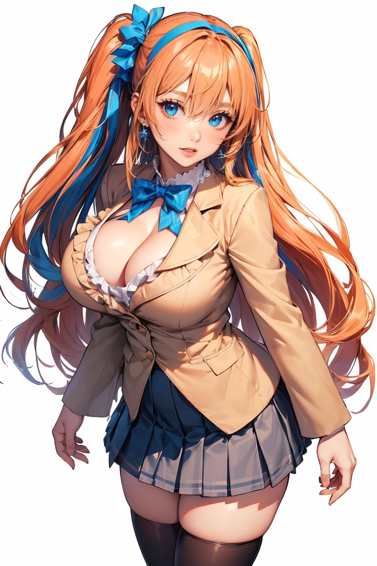 (cowboy shot: 1.5), (white background, simple background: 1.5), (masterpiece:1.5), (big breasts: 1.5), (1 girl: 1.5), young woman, (Beautiful Girl:1.5), (extremely detailed and delicate anime face and eyes:1.5), whole body, (natural light, HDR, extremely details CG:1.3), (dynamic posture:1.3), {correct body anatomy}, (wide hips: 1.3), (perfect hands: 1.5), single focus, toned body, Beautiful Lips, thick lips, {surreal}, {correct posture}, {minutes details}, {detailed body}, {detailed clothing}, (Bright Eyes: 1.3), (cleavage: 1.3), {accessories}, {sexy}, high school girl, (Short blazer: 1.5), (recruit shirt: 1.3), long sleeves jacket, (open blazer: 1.5), (puffed sleeves: 1.3), wide sleeves, (school dress: 1.5), (pleated skirt: 1.5), (skirt with lots of frills: 1.5), (gingham pattern skirt: 1.3), (black legwear: 1.5), black thighhighs, (Hakama bow: 1.3), bowtie, hair flower, (black high heel boots: 1.3), jewelry, earrings, hairband, (long hair: 1.5), (two-tone hair: 1.5), (peach hair with blue streaks: 1.5), hair loop, (long side ponytail: 1.5), (one side up: 1.3), very thick hair, (hair between eyes: 1.3), glowing hair, (bright orchid eyes: 1.3),