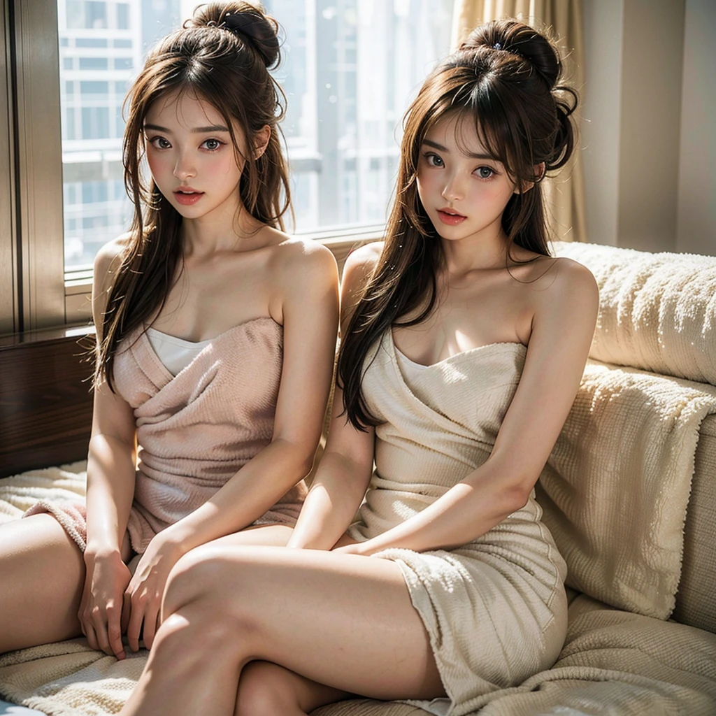 highest quality, masterpiece, ultra high resolution, (realistic:1.4), (all four in bed), RAW photo, 1 girl, 22 years ago,beautiful eyes,sparkling eyes,(((suit))),((long hair bun hair)),japanese pictures, ((Towel fabric dress)),((snowy night)), ((Medium chest)),((mouth slightly open)),,brown hair, ((sitting like dog))
