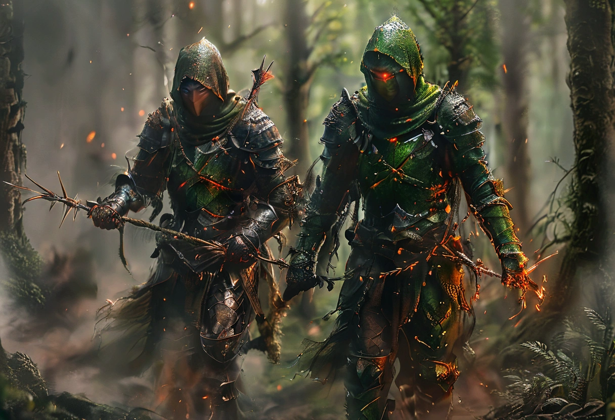 Forest Kingdom deployment: agile guards in green and brown armor, camouflaged within the forest. Forest creatures like elves and centaurs, armed with bows and spears, patrolling the area. Realistic, harmonious, and ready, with an epic, cinematic feel.