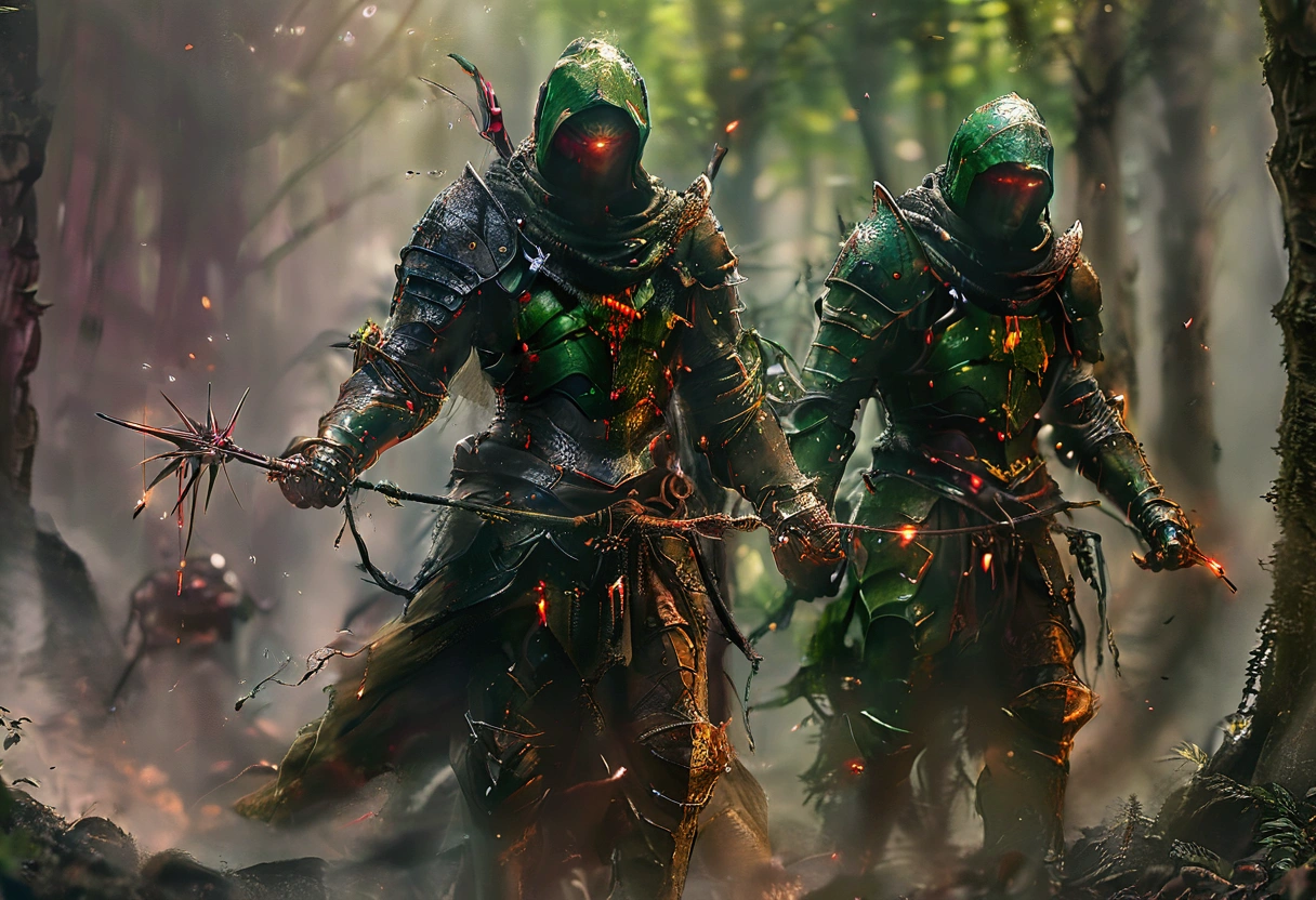 Forest Kingdom deployment: agile guards in green and brown armor, camouflaged within the forest. Forest creatures like elves and centaurs, armed with bows and spears, patrolling the area. Realistic, harmonious, and ready, with an epic, cinematic feel.