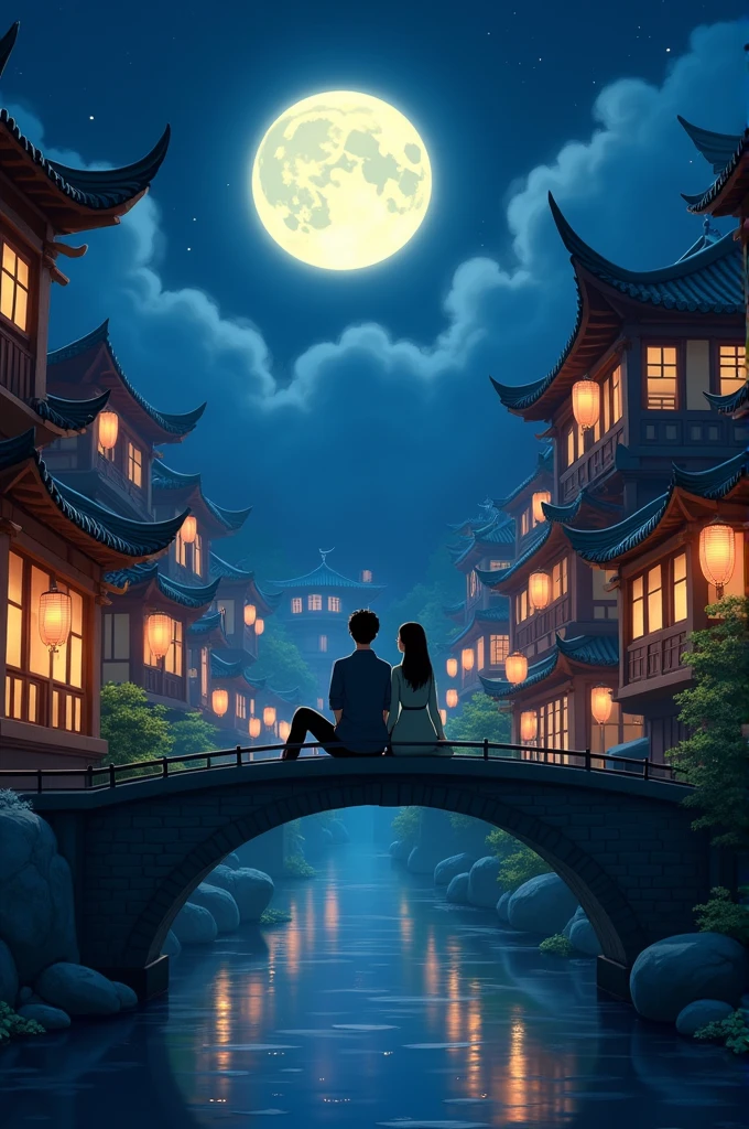 A man and a woman sitting on a bridge surrounded by ancient buildings decorated with lanterns at night. This building is in Chinese style, with a shining moon in the background. Below is the reflection of water. The inspiration for the animation style comes from Studio Ghibli in a beautiful fantasy world 