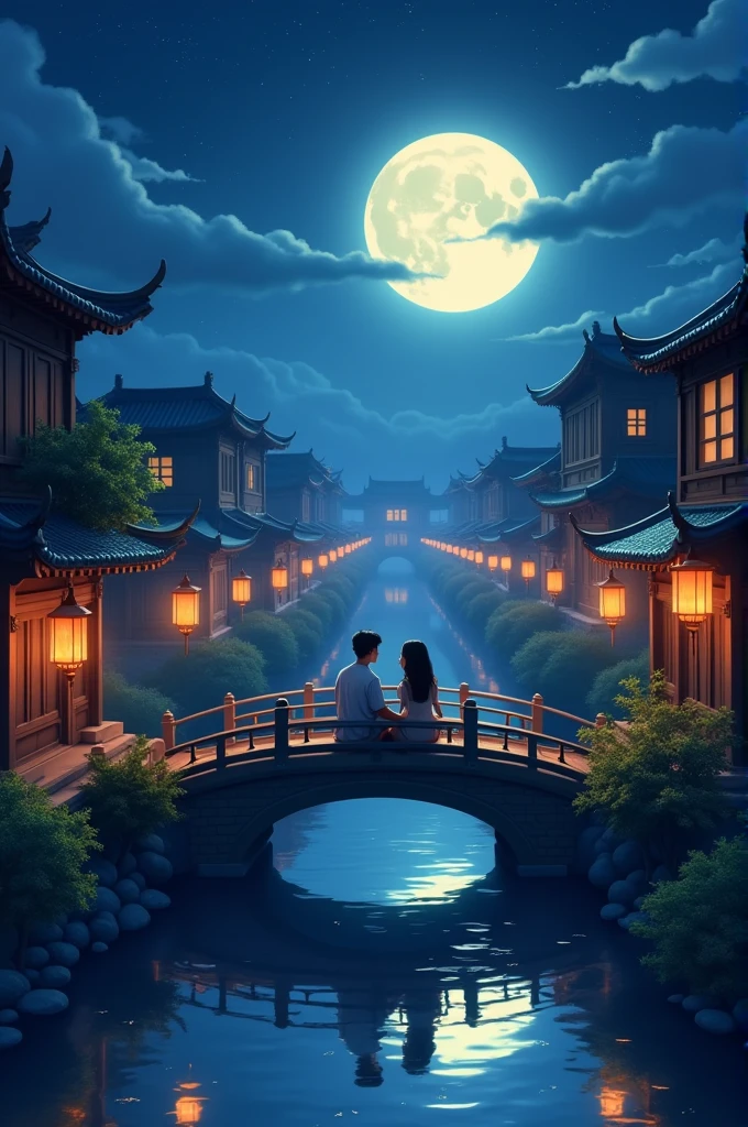 A man and a woman sitting on a bridge surrounded by ancient buildings decorated with lanterns at night. This building is in Chinese style, with a shining moon in the background. Below is the reflection of water. The inspiration for the animation style comes from Studio Ghibli in a beautiful fantasy world 