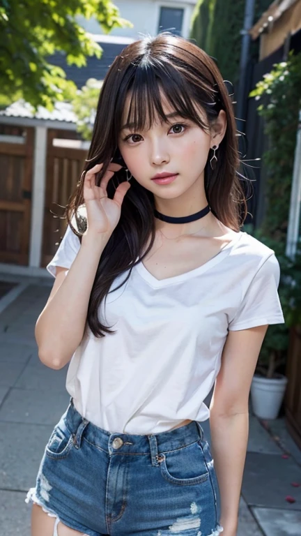 ((Pintuck shorts))beautiful, calm and bright look、Refreshing look、完璧なbeautifulcute顔、Very bright、Long bangs between the eyes、Long black hair straight hair、とてもcute、beautifully、Young little woman、非常に完璧なbeautifulcute顔、、Real17歳女性、cute,((Small breasts：1.4))、(()) And a very slim figure,Very thin leganicules、Earrings、Pink Lip、choker、Real、Highest quality、Detailed face、Detailed Background、Depth of written boundary、alone、night,Highest quality、High resolution、超High resolution（Real：1.4）Detailed eyes、Gradation、Perfect anatomical figure、Woman with perfect body、Highly detailed skin、非常にDetailed face、細部までbeautiful目、Background blur、whole body viewing angle、