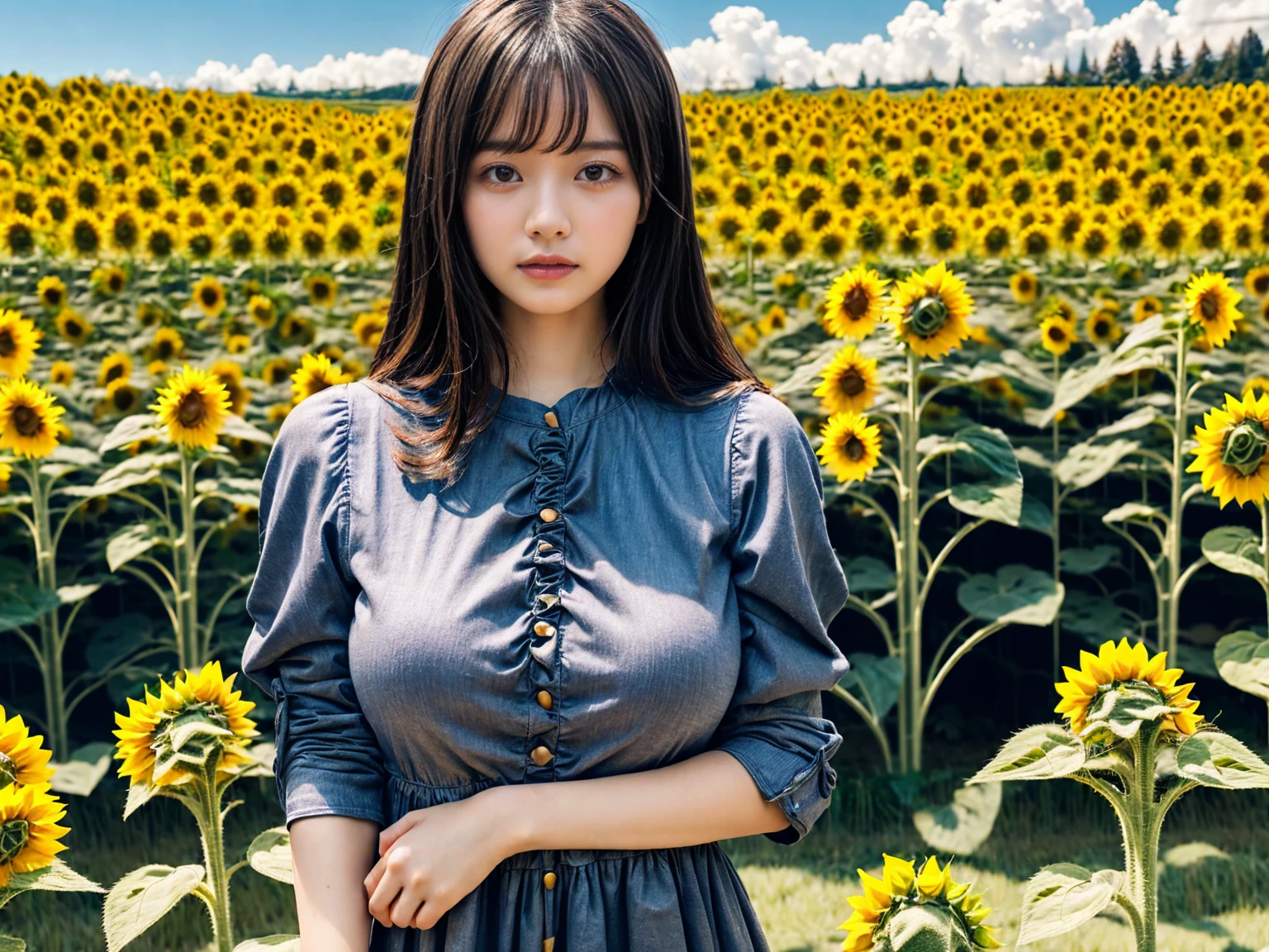 (8K, RAW Photos, Highest quality, masterpiece:1.2), (professional photography, full colors, studio-caliber color grading), (Gravure quality for high-end fashion magazines), close up, BREAK,18 year old girl, (straight hair:1.1), crying a little, Harajuku style, Big Natural Color Lip, (Plumpy body:1 (smooth skin.1 (huge breasts BREAK (((casual dress.3)), BREAK (Sunflower field background)、