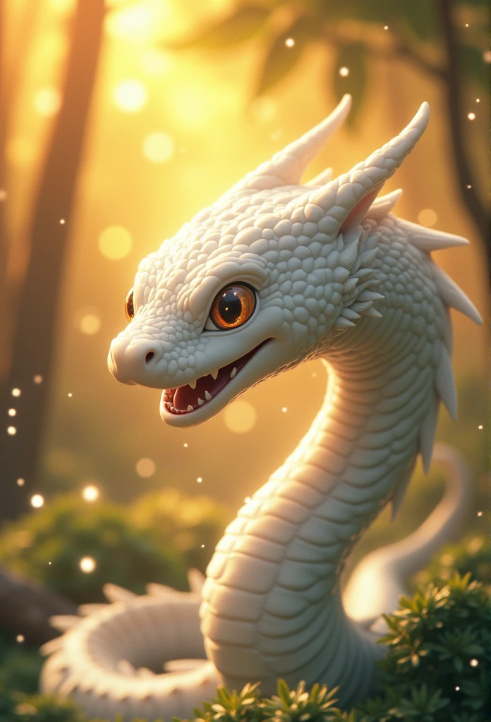 "A mystical white snake in a close-up, fantastical setting, in Studio Ghibli style. The white snake has shimmering pure white scales, and its eyes are gentle yet exude a sense of ancient wisdom. The snake's mouth is open, revealing sharp fangs. The background features a spread of golden light, reminiscent of the soft glow of sunset enveloping a forest. Sparkling light particles float around, creating a warm yet mystical atmosphere. The presence of the white snake embodies a harmony with nature, combining beauty with a hint of terrifying allure."