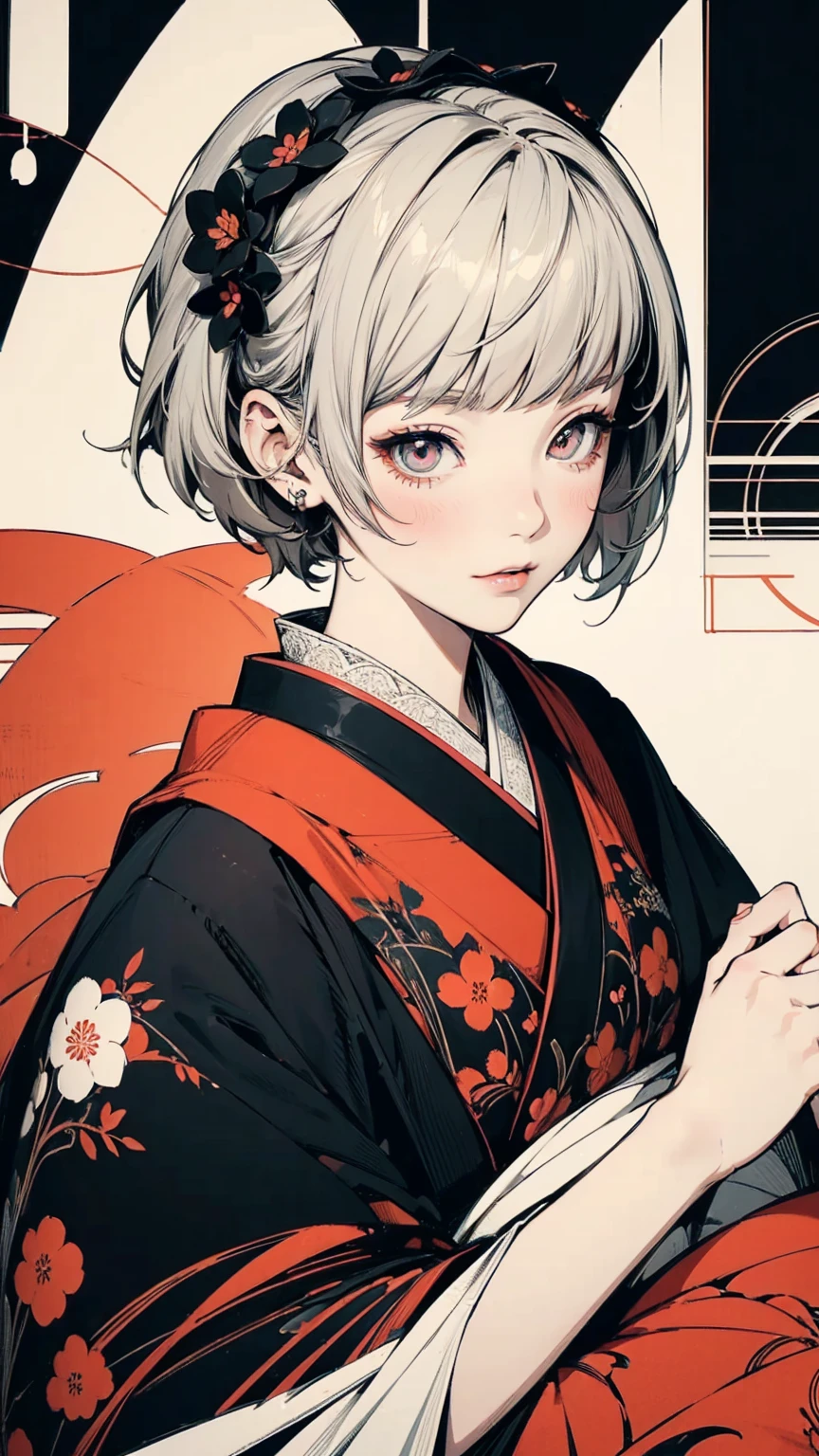 Top view, Woman with asymmetrical short hair, Japanese-style Gothic Lolita fashion, Abstract Japanese pattern background, warm color, mixed-media approach, Anime Style, Simple lines, Digital Painting, (masterpiece, High resolution, Highest quality)